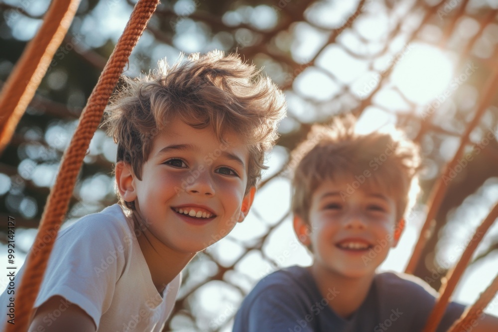 Two brothers smiling and playing on a rope structure at the park Two brothers smiling and playing on a rope structure at the park