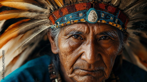 An Indigenous Guatemalan elder wearing ceremonial attire with detailed beadwork and a feathered headdress, depicted in a respectful and dignified portrait.