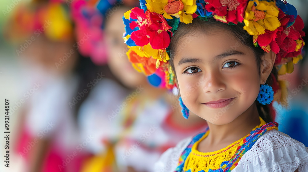 Diverse children dressed in Nicaraguan folkloric attire with bright colors and traditional accessories, participating in a school cultural day. Diverse children dressed in Nicaraguan folkloric attire with bright colors and traditional accessories, participating in a school cultural day.