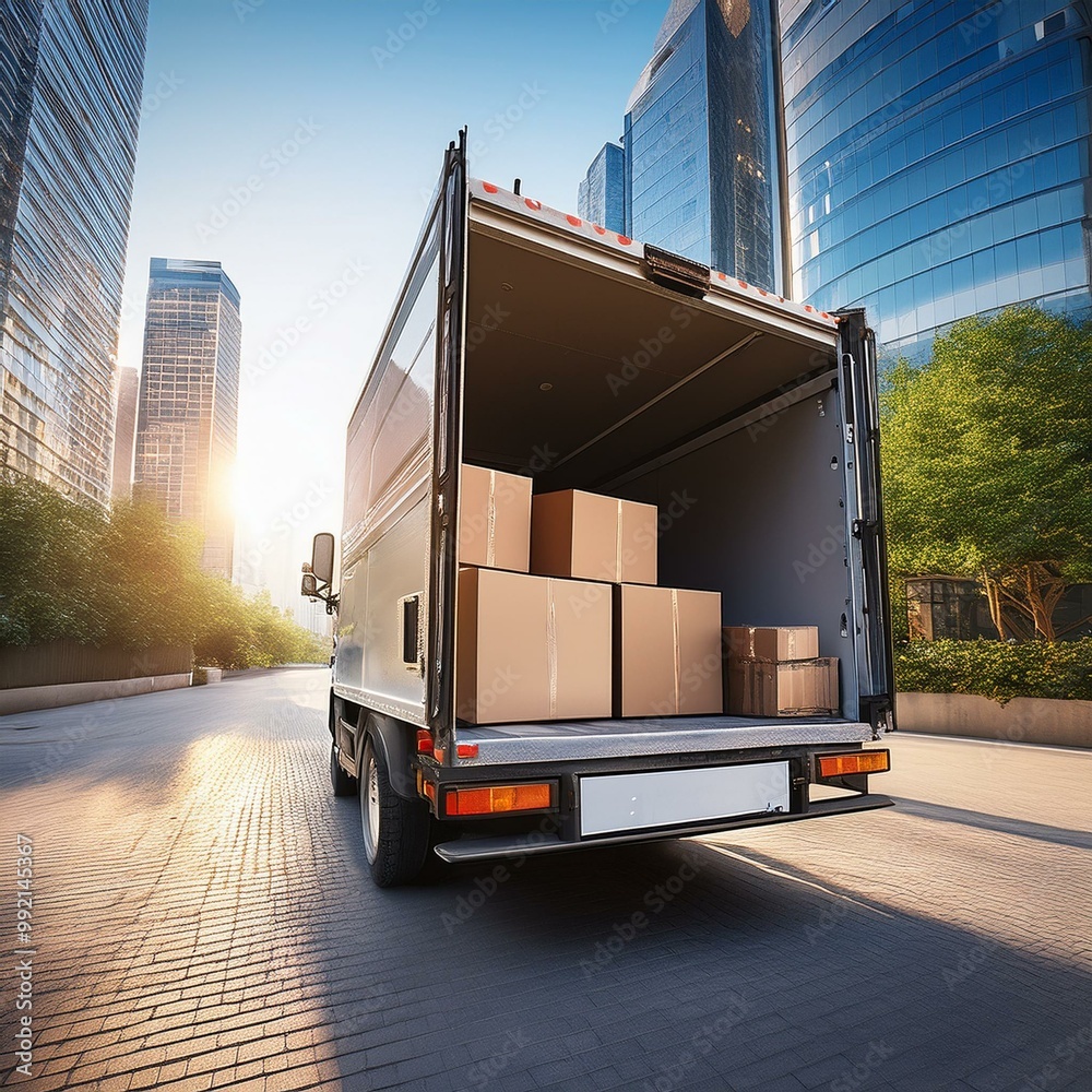 camion de livraison en ville ouvert sur de nombreux cartons pour livraison en ia camion de livraison en ville ouvert sur de nombreux cartons pour livraison en ia