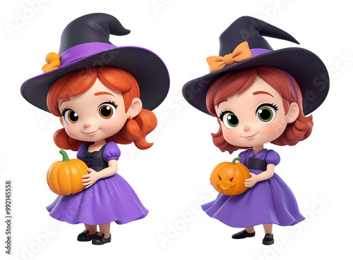 3d rendering girl cartoon characters wearing purple witch costume and holding halloween pumpkin isolated on transparent background, PNG file add