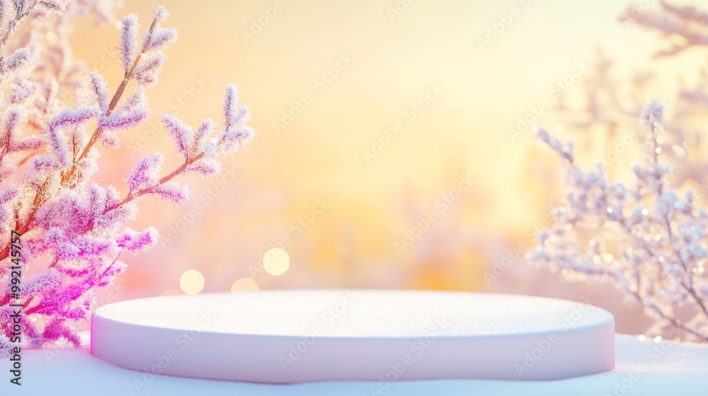 Snowy winter podium in a snow-covered landscape with frosty trees and a clear blue sky in the background. Snowy winter podium in a snow-covered landscape with frosty trees and a clear blue sky in the background.