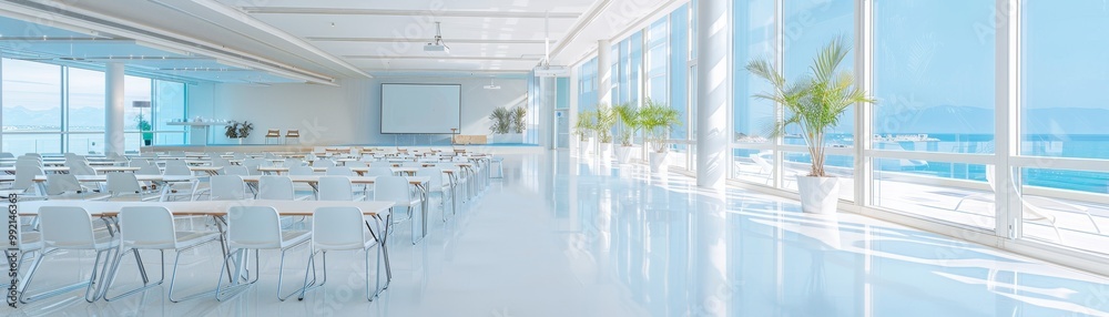A bright, modern conference room with large windows, white tables, and an ocean view, creating a serene atmosphere ideal for meetings or events. A bright, modern conference room with large windows, white tables, and an ocean view, creating a serene atmosphere ideal for meetings or events.