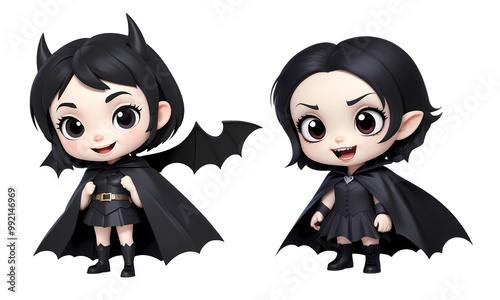 3d girl cartoon characters with dark hair wearing black bat costume and horns isolated on transparent background, PNG file add photo