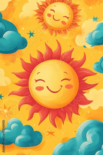 joyful doodle art, illustrating a cheerful scene with smiling suns and fluffy clouds in soft pastel colors on a sunny yellow background