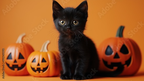 Black kitten with jack-o'-lantern on an orange background