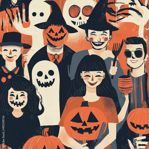 Grupo de personas disfrazadas en una fiesta de HalloweenGrupo de personas disfrazadas en una fiesta de Halloween, ilustración vectorial