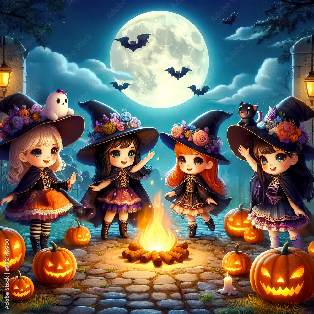 Fototapeta premium kids in costumes dressed for halloween. kids having fun having fun and laughing at a party dedicated to halloween