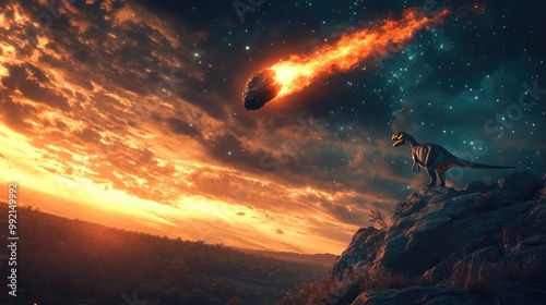 Fototapeta Naklejka Na Ścianę i Meble -  Cosmic collision: the fall of an asteroid with its fragments, depicting the destruction and chaos unleashed upon dinosaurs, symbolizing the end of an era through powerful imagery of nature's force 