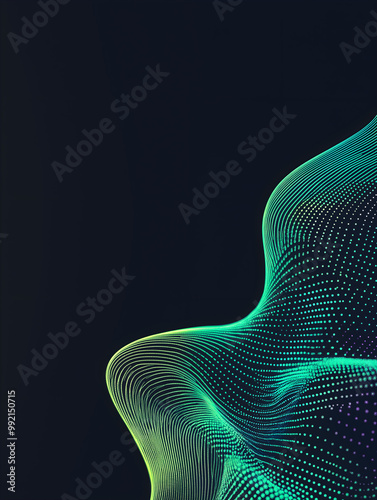 Abstract 3d green teal flow wave on dark background. Future mesh or soundgrid. Digital array data structure. Futuristic technology concept. Backdrop for design banner, poster, business card