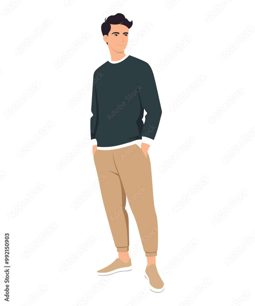 Vector illustration of a man in a dark hoodie and beige pants Vector illustration of a man in a dark hoodie and beige pants