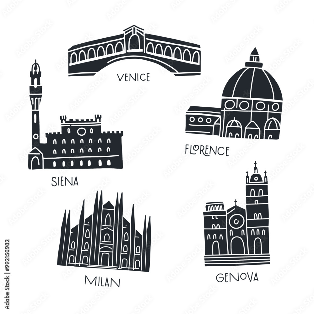 Obraz premium Set of popular symbols of Italy. Black silhouettes: the bridge in Venice, the basilicas and cathedrals of Florence, Siena, Genoa and Milan.