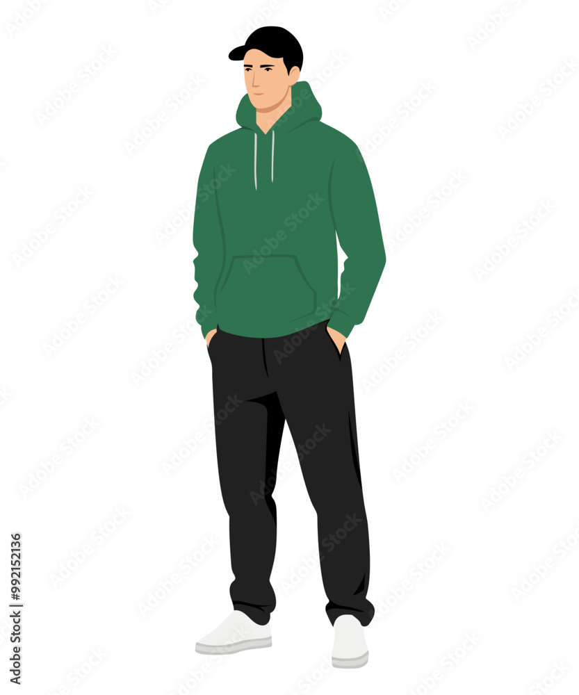 Vector illustration of a man in a dark green sweater and brown pants, emphasizing natural shades and a comfortable style for walking.