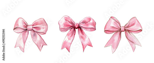 Watercolor set of pink silk bows. PNG beautiful clipart for birthday and gender party cards, posters and stickers