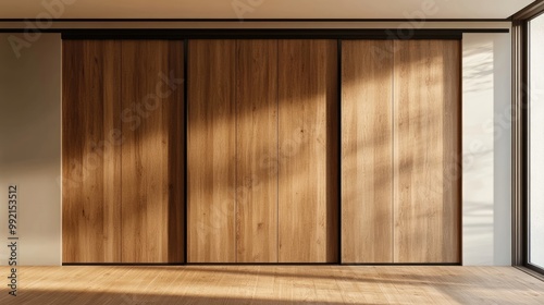 Wooden wardrobe with glossy sliding doors in minimalist style interior design of modern bedroom