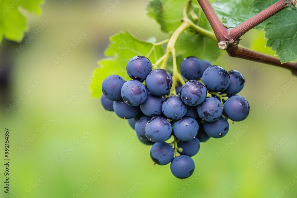 Cluster of ripe black grapes hanging from a vine with green leaves in the background, ready for harvest Cluster of ripe black grapes hanging from a vine with green leaves in the background, ready for harvest