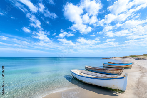 Three wooden boats rest on a tranquil sandy beach with crystal-clear blue water and a bright sky filled with clouds