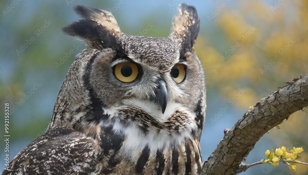 Isolated great horned owl with depth of field showcasing large tufts and striking eyes