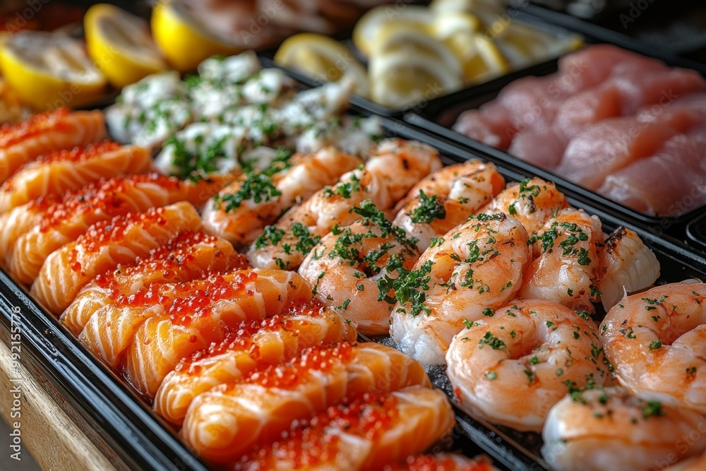 Seafood platter with lobster, shrimp, mussels, shrimps, mussels, squidpus, crab, shrimp, squid, shrimp, fish, musselpus, mussels, squid. Seafood and healthy eating concept. Seafood platter with lobster, shrimp, mussels, shrimps, mussels, squidpus, crab, shrimp, squid, shrimp, fish, musselpus, mussels, squid. Seafood and healthy eating concept.