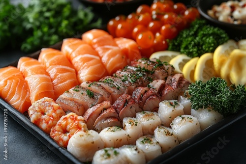 Seafood platter with lobster, shrimp, mussels, shrimps, mussels, squidpus, crab, shrimp, squid, shrimp, fish, musselpus, mussels, squid. Seafood and healthy eating concept. photo