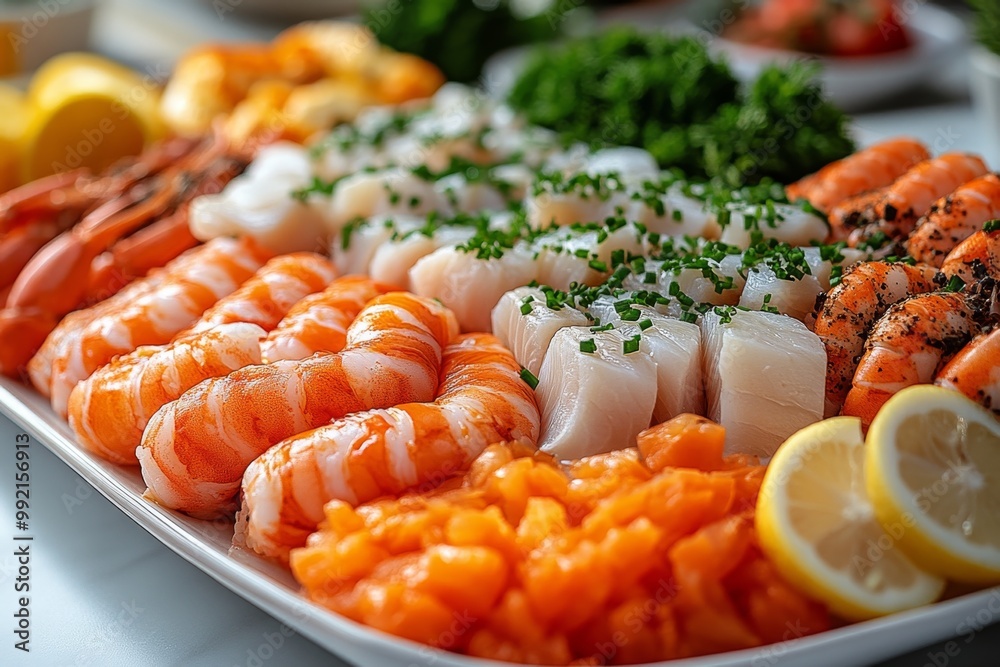 Seafood platter with lobster, shrimp, mussels, shrimps, mussels, squidpus, crab, shrimp, squid, shrimp, fish, musselpus, mussels, squid. Seafood and healthy eating concept.
