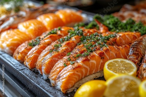 Seafood platter with lobster, shrimp, mussels, shrimps, mussels, squidpus, crab, shrimp, squid, shrimp, fish, musselpus, mussels, squid. Seafood and healthy eating concept. photo