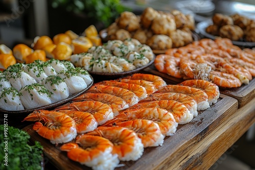 Seafood platter with lobster, shrimp, mussels, shrimps, mussels, squidpus, crab, shrimp, squid, shrimp, fish, musselpus, mussels, squid. Seafood and healthy eating concept. photo