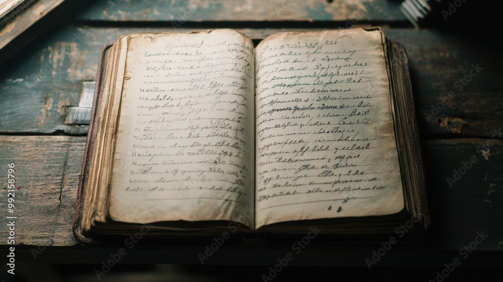Obraz premium Open antique journal resting on rustic wooden table is showing faded handwriting