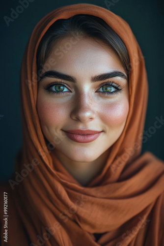 A portrait of an attractive young woman with vibrant green eyes, wearing traditional hijab and smiling warmly at the camera