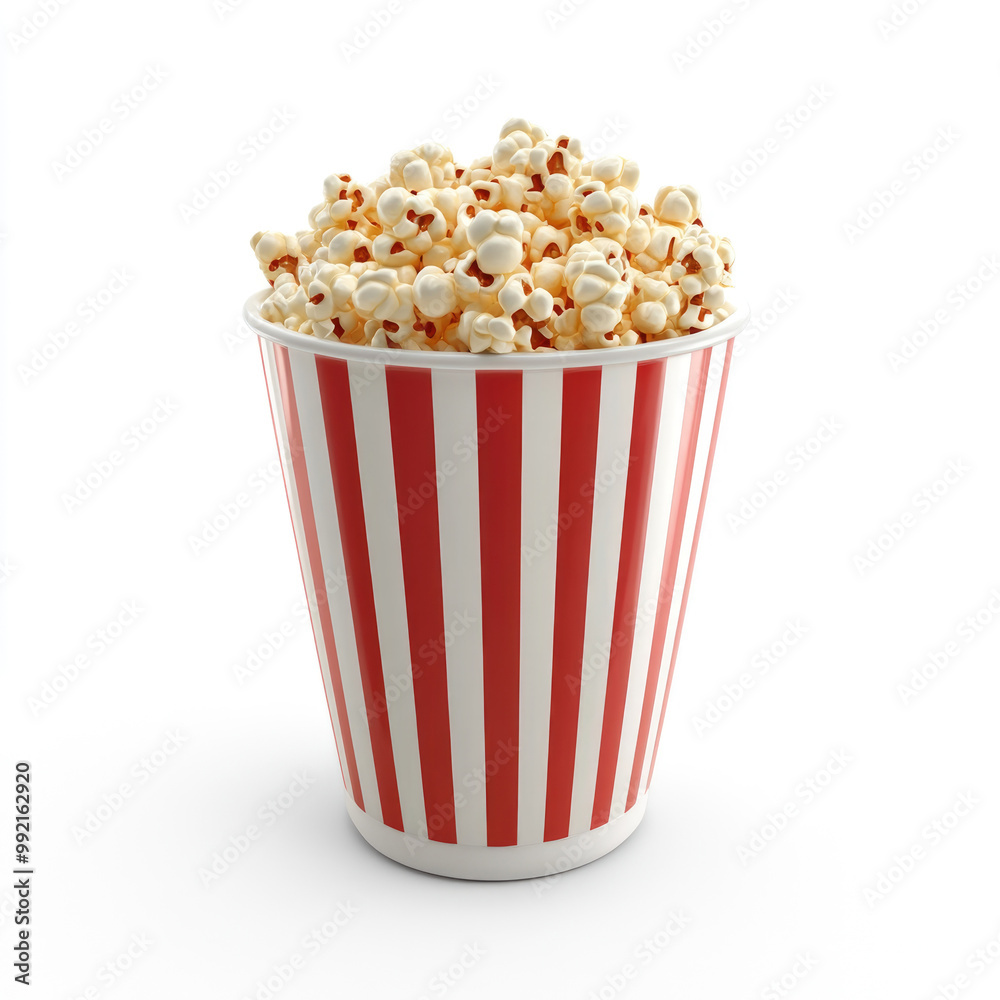 A red and white popcorn box with a lot of popcorn in it, on a solid white background