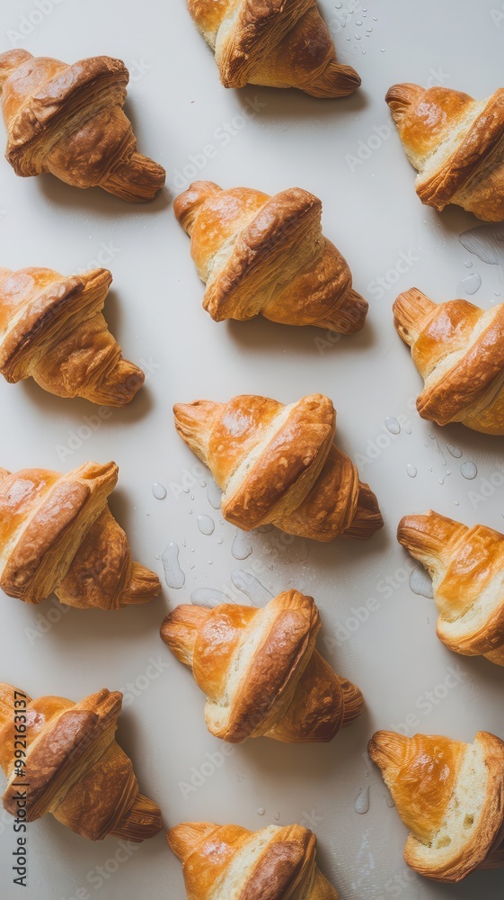 Minimalistic flat lay of golden-brown croissants on a light grey surface Minimalistic flat lay of golden-brown croissants on a light grey surface