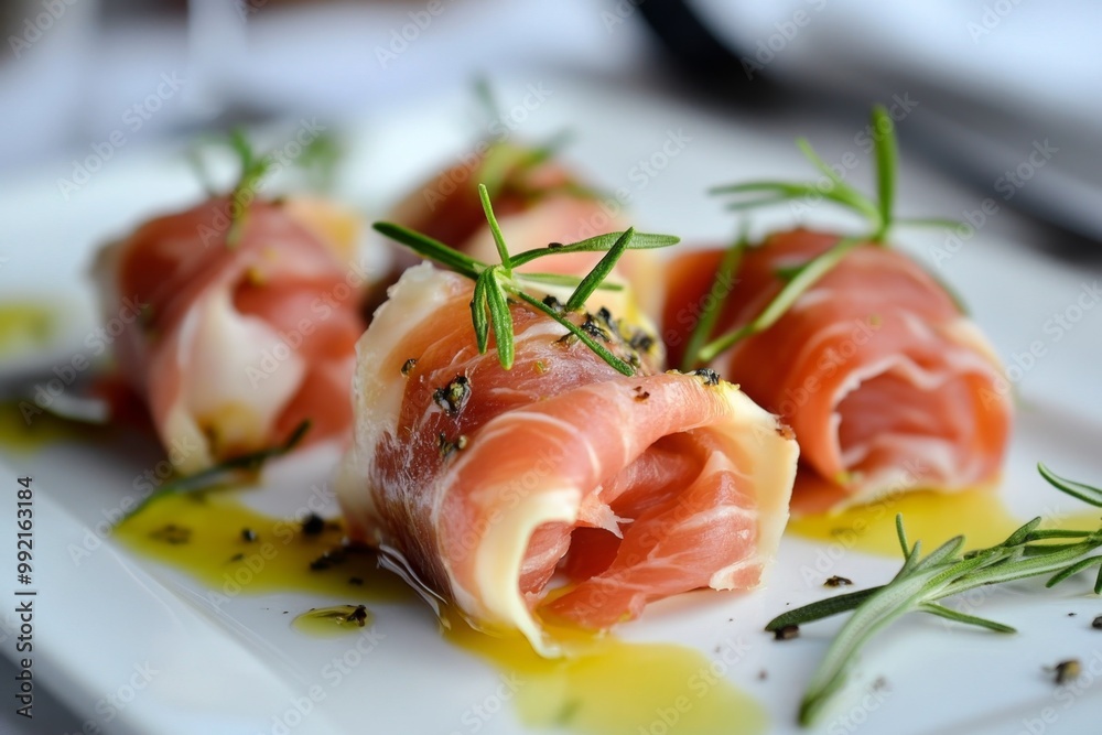 Delicious appetizer of rolled prosciutto with rosemary and spices