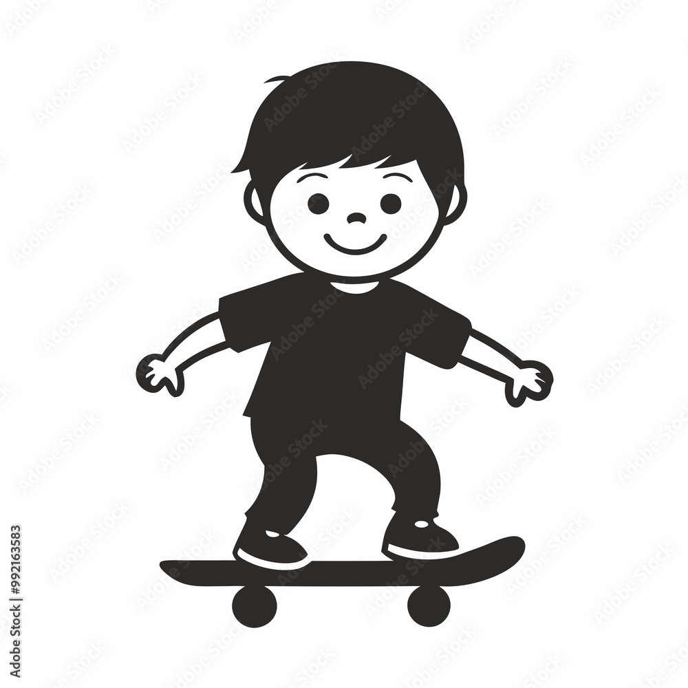 Happy little boy skateboarding in black and white illustration Happy little boy skateboarding in black and white illustration