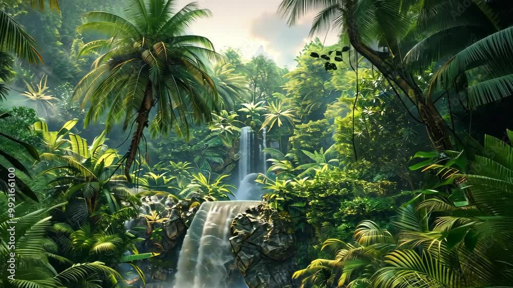 A lush tropical jungle with a cascading waterfall in the middle of the scene
