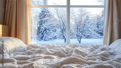 Tranquil Snow-Covered Forest View from Cozy Bedroom