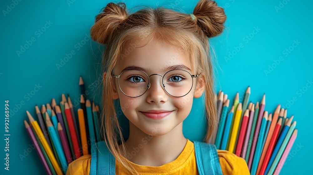 Smiling Little Girl with Glasses and Colored Pencils Smiling Little Girl with Glasses and Colored Pencils