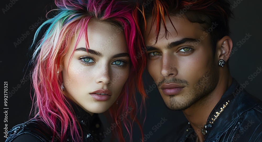 Fototapeta premium Couple with txtravagant hairstyles with colored dyed hair.