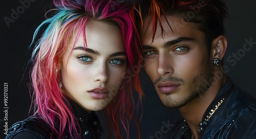 Couple with txtravagant hairstyles with colored dyed hair.