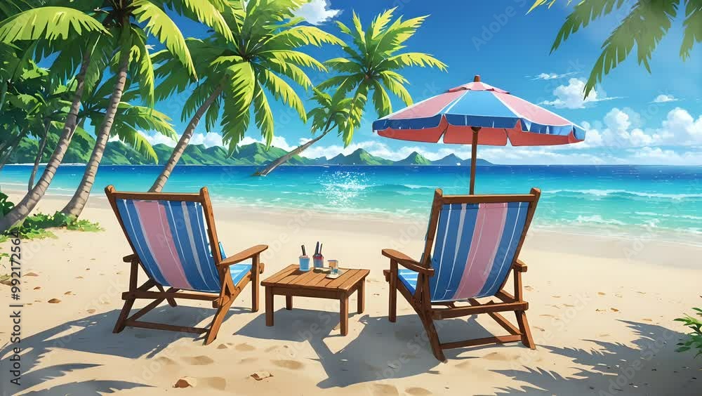 Tropical beach with colorful lounge chairs and umbrella under palm trees by the ocean Tropical beach with colorful lounge chairs and umbrella under palm trees by the ocean