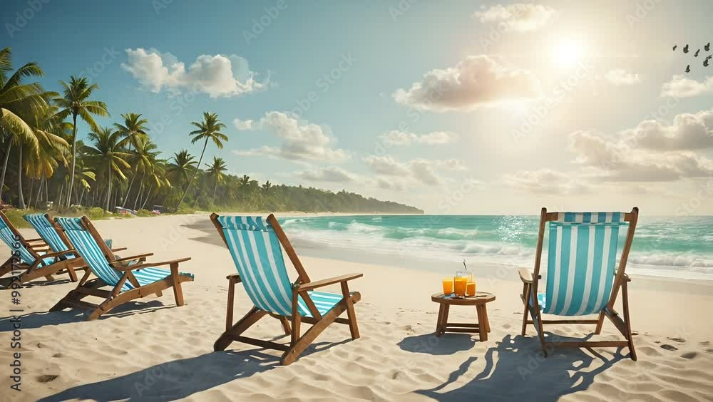 Tropical beach scene with striped lounge chairs and refreshing drinks under the sun Tropical beach scene with striped lounge chairs and refreshing drinks under the sun