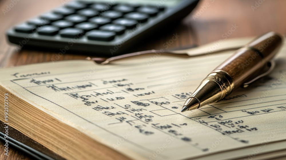 Elegant pen lying on open ledger next to calculator on table Elegant pen lying on open ledger next to calculator on table