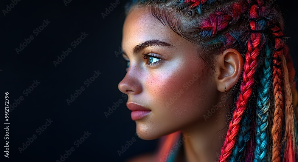 Fototapeta premium A portrait of a young woman with intricately braided hair dyed in a spectrum of colors, creating a striking visual against a dark background.