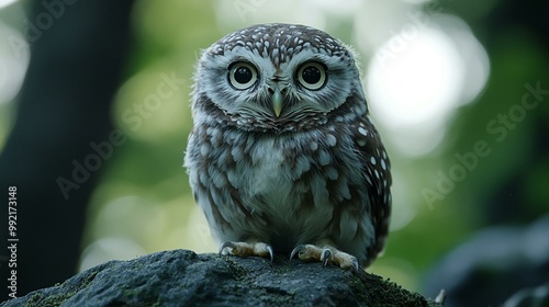 this Close-up of a little owl perched quietly, capturing its delicate features and endearing nature. photo