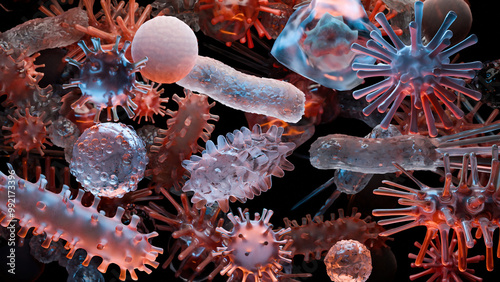 Different types of virus and bacteria and microbe and germs set, Microbiology organism, biology microorganism infection, Types of pathogens, Illness or disease cells, Pathogenic, vein, 3d render photo