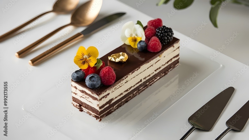 A photo of a rectangle-shaped gourmet small cake on a modern minimalistic background, with dark chocolate ganache, gold leaf topping, fresh berries, and edible flowers on a white surface. A photo of a rectangle-shaped gourmet small cake on a modern minimalistic background, with dark chocolate ganache, gold leaf topping, fresh berries, and edible flowers on a white surface.