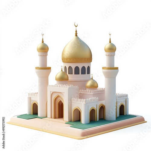 3D cartoon. a simple small mosque, A large white and blue building with gold accents, on a solid white background