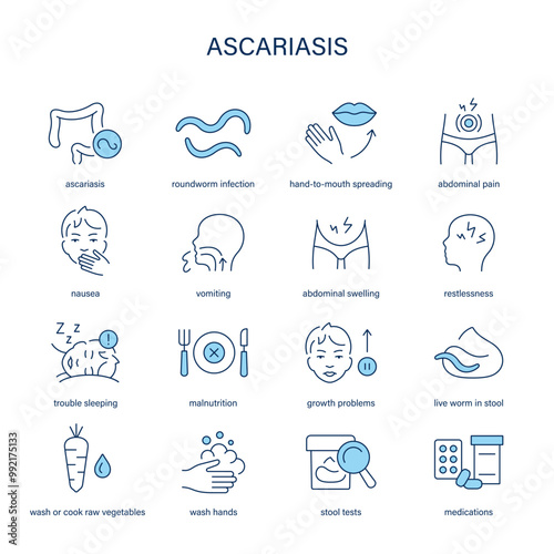 Ascariasis symptoms, diagnostic and treatment vector icon set. Medical icons.	