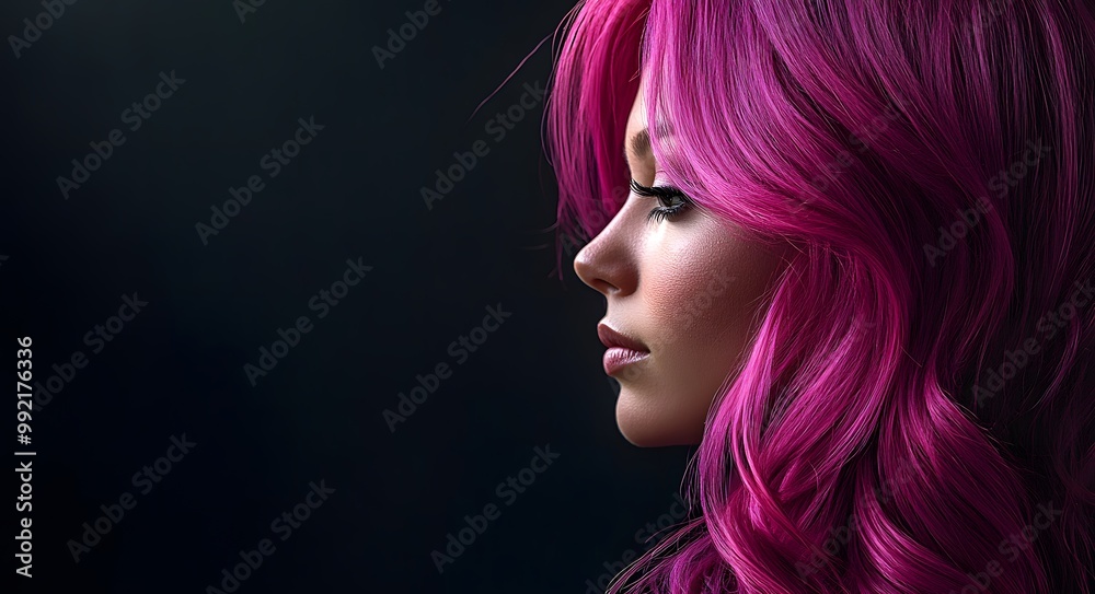 A young woman with bright pink hair falling in soft waves, reflecting the light against a black background. A young woman with bright pink hair falling in soft waves, reflecting the light against a black background.