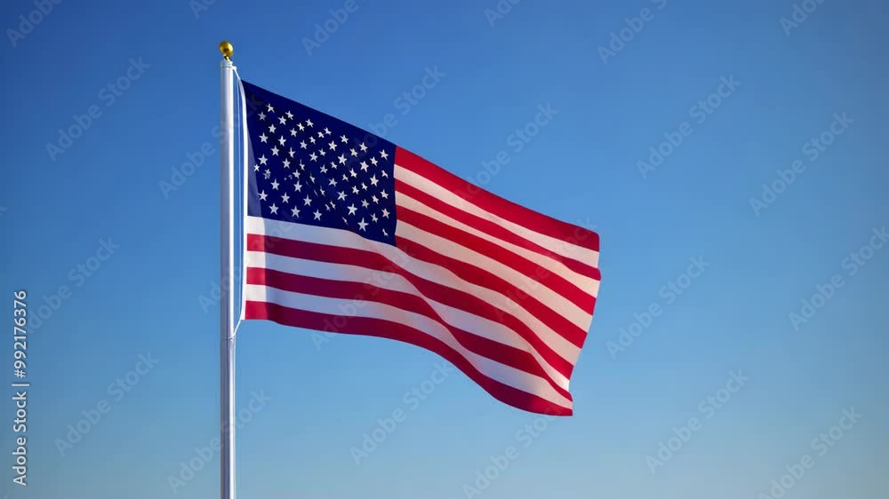 The American flag waves proudly in the wind against a clear blue sky The American flag waves proudly in the wind against a clear blue sky