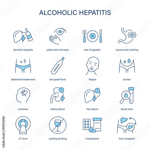 Alcoholic Hepatitis symptoms, diagnostic and treatment vector icon set. Medical icons.	